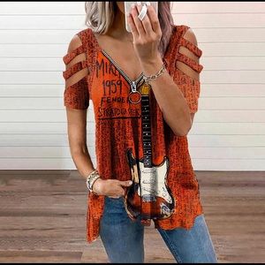 Womens Sexy Cold Shoulder Top Zipper Trunk Guitar Blouse Top Flowy Tunic Small